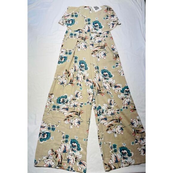 BLITHE  Tan color ,Floral Jumpsuit Size S , Strapless Ruffled - Picture 1 of 10